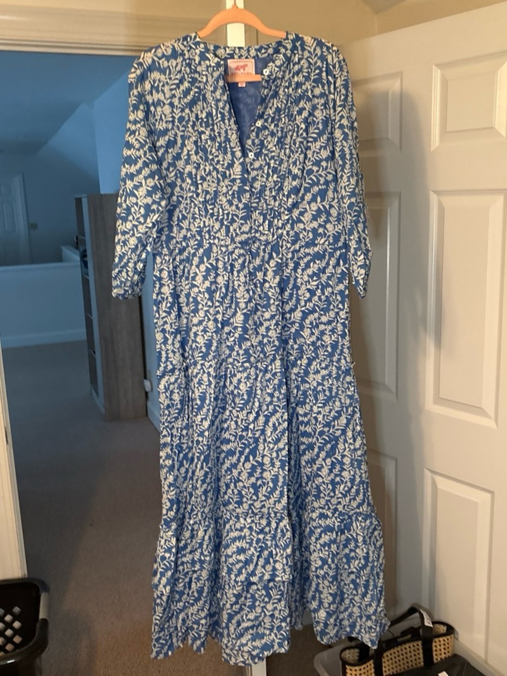 A310 - Banjanan Bazaar Blue White Floral Tiered Maxi Dress L